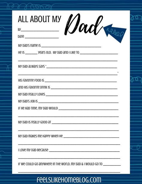 Father's Day interview questions for kids and teens - This awesome, fun, cute free printable is great for preschool children or older in school or at home. Can be done my mom or dad or a teacher. Great questions to spark conversation with sons or daughters. All About My Dad For Older Kids, Fathers Day Survey For Kids, Questions To Ask Kids About Dad, Fathers Day Kids Questionaire, Father’s Day Crafts For Older Kids, Dad Questions For Kids Printable, Father’s Day Questions For Kids, Questions About Dad For Kids, Fathers Day Crafts For Older Kids