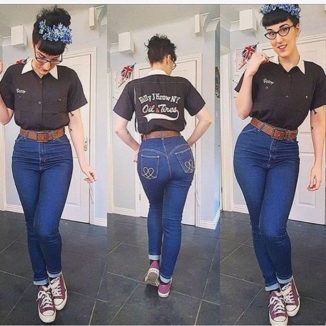 #ootd @hettiesky Rocking Our 1950's Bowling Shirt ... want That Style Shop The Link In Bio For more ...     #saturday #style #rockinit #bowlingshirt #bowling #shirt #vintage #vintagelook #vintagstyle #vintagefashion #rocknroll #pinup #rockabilly #rockabella #casualstyle #casualvintage #suchababe #classic #1950s #1950sfashion #1950sshirt #rocknromance Grease Fashion, 50s Rockabilly Fashion, Rockabilly Jeans, Mode Rockabilly, Saturday Style, Pinup Fashion, Bowling Outfit, Rockabilly Looks, Vintage Bowling