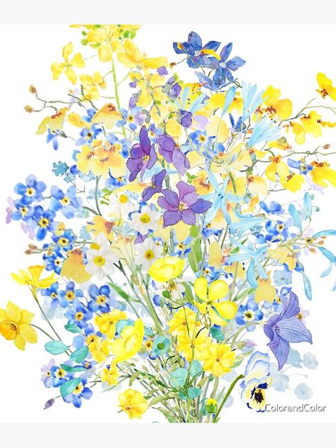 "purple blue and yellow flowers bouquet watercolor " Canvas Print by ColorandColor | Redbubble Lilac Blue And Yellow Wedding, Blue Purple Yellow Wedding, Yellow Flowers Bouquet, Yellow Tattoo, Purple And Yellow Flowers, Blue Flowers Bouquet, Yellow And Blue Flowers, Bouquet Watercolor, Bouquet Art