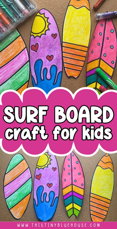 This fun surfboard craft for kids is so much fun to make. rnrnChildren use their creativity to create their own custom surf board using the materials of their choice.rnrnThis simple summer craft is a great choice for preschoolers, kindergarten students and even older children in elementary and high school.rnrnHead over to our website to score your free printable surf board template today. Tropical Theme Activities For Kids, Fun Summer Crafts For Elementary Kids, Beach Theme Arts And Crafts For Kids, Summer Creative Ideas For Kids, August Themed Crafts For Kids, Summer Fun Art Projects For Kids, Aloha Summer Crafts For Kids, Aloha Activities For Kids, Summer Camp Activity Ideas For Preschool