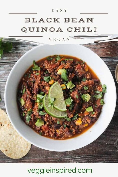 Packed with protein and healthy veggies, this vegan Black Bean Quinoa Chili is hearty and satisfying! Serve it up with all your favorite chili toppings and a side of tortilla chips for a filling meatless meal the whole family will love! Ready in under an hour! #vegan #glutenfree #chili #quinoa #dinner #blackbeans Black Bean Quinoa Chili, Quinoa And Beans, Vegan Quinoa Chili, Easy Vegan Chili, Best Vegan Chili, Quinoa Chili, Chili Toppings, Black Bean Quinoa, The Mediterranean Dish