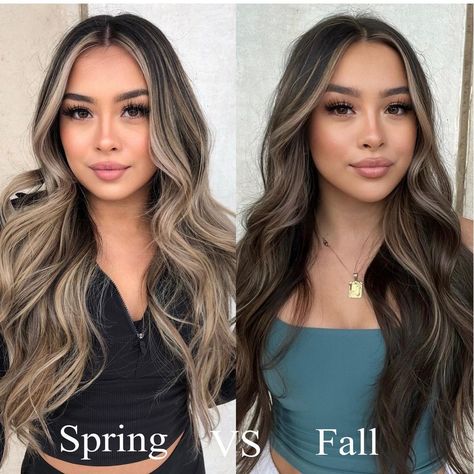 Balayage Hair Dimension, Light Brown Hair Dark Highlights, Brunette Hair Summer Highlights, Spring Brown Hair Balayage, Full Highlight On Black Hair, Neutral Beige Balayage, Subtle Highlights With Money Piece, Blonde Teasy Lights On Dark Hair, Balayage Hair On Tan Skin