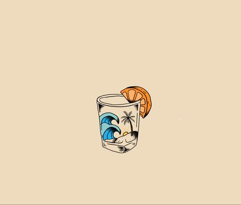 Beach tattoo shot glass orange godpuppet art Small Tequila Shot Tattoo, Alcohol Glass Tattoo, Beach Tattoo Ideas Men, Beach Vacation Tattoo Ideas, Beach Tattoo Men, Shot Glass Tattoo Ideas, Margaritaville Tattoo, Tequila Tattoo Ideas, Tequila Shot Tattoo