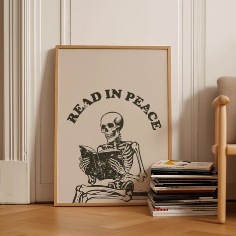 Bookish Art Print | Neutral Retro Wall Art | Bedroom Printable Decor | Book lover Wall Art | Reader Art Print | Book Poster | Bookish Poster Skeleton Reading, Capricorn Art, Bookish Art, Book Poster, Wall Art Bedroom, Book Posters, Retro Humor, Art Bedroom, Bookshelf Decor