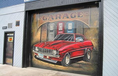 Before whoever was here left, they painted a remarkable muscle car mural on the garage door. Garage Door Wrap, Garage Mural Ideas, Garage Murals, Car Mural, Garage Mural, Mural Street Art, Cars Mural, Garage Wall Art, Door Mural