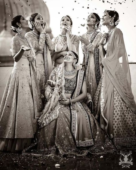 Bride with her Bridesmaids | Fun photos with Indian bridesmaids | Flower shower | Bride tribe | Bff's Wedding | Bride squad | Bridesmaids photoshoot ideas | Indian wedding photography | Black and white portraits | Picture Credits: Morvi Images | Every Indian bride’s Fav. Wedding E-magazine to read. Here for any marriage advice you need | www.wittyvows.com shares things no one tells brides, covers real weddings, ideas, inspirations, design trends and the right vendors, candid photographers etc. शादी की तस्वीरें, Wedding Photography Bridal Party, Bridesmaid Poses, Bridesmaid Pictures, Bridesmaid Photoshoot, Photography Indian, Indian Bridesmaids, Bridal Photography Poses, Bride Photography Poses