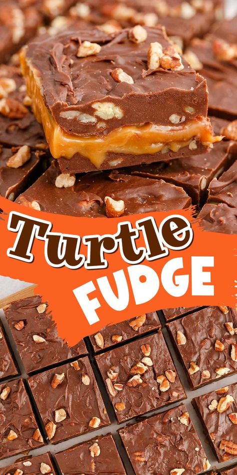 Turtle Fudge Recipes Easy, Sea Salt Caramel Fudge Recipe, Home Made Turtle Candy, Soft Candy Recipes, Toll House Famous Fudge Recipe, Carmel Turtles Homemade, Sees Candy Fudge Recipe, Different Fudge Recipes, Caramel Coffee Fudge