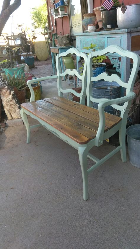 Benches From Chairs, Old Chair Crafts, Chairs To Bench Diy, Diy Bench From Chairs, Make Bench From Chairs, Repurposed Bench Ideas, Bench Made From Chairs, Upcycled Garden Bench, Chair Bench Diy