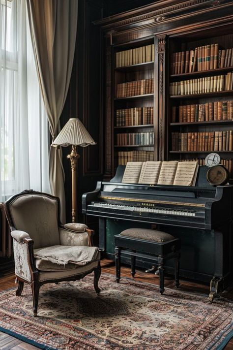 Moody Home Library, Cinematography Reference, Dream Bookshelves, Moody Dark Academia, Dark Academia Library, Instruments Piano, Dark Academia Interior, Vintage Minimalism, Library Corner