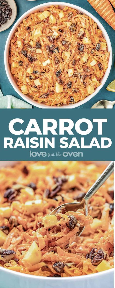 Carrot Raisin Salad • Love From The Oven Raisin Salad, Carrot Raisin Salad, Love From The Oven, Apple Salad Recipes, Eating Carrots, Apple Salad, Carrot Salad, Toasted Walnuts, Toasted Pecans