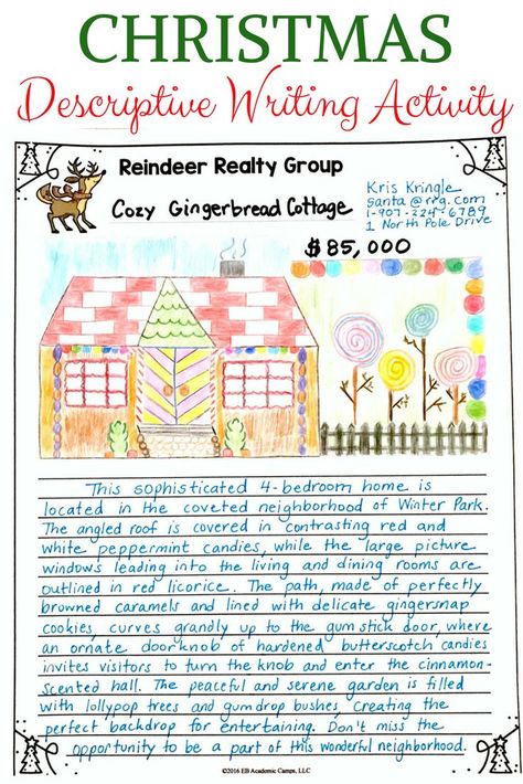 This is the CUTEST Christmas descriptive writing activity I have ever seen! Students write about and try to sell their own Gingerbread house! What a creative and fun resource for my middle school kiddos :) Can't wait to use in my classroom! Christmas Creative Writing, Descriptive Writing Activities, Middle School Writing Activities, Christmas Writing Activities, Intervention Activities, 6th Grade Writing, Descriptive Essay, Ela Lesson Plans, Holiday Writing