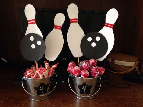 Bowling party centerpieces Adult Bowling Party Ideas, Bowling Party Centerpieces, Tenpin Bowling Party Ideas, Bowling Birthday Party Decorations, Bowling Pin Cupcakes, Bowling Alley Birthday Party Decor, Bowling Party Favors Goody Bags, Bowling Centerpieces, Bowling Themed Birthday Party Favors