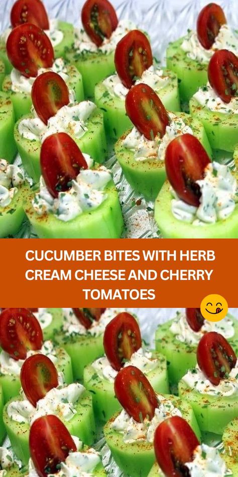 Cucumber Bites with Herb Cream Cheese and Cherry Tomatoes - Looking for a refreshing and flavorful appetizer to impress your guests? Look no further than these delightful Cucumber Bites with Herb Cream Cheese and Cherry Tomatoes! Perfect for any occasion, these bites are bursting with freshness and zesty flavors that will leave everyone wanting more. Cucumber Bites With Herbs Cream Cheese And Cherry Tomato, Cucumber Bites With Herb Cream Cheese, Cucumber Cream Cheese Appetizers, Cucumber Appetizers With Cream Cheese, Cucumber Bites Appetizers, Italian Drunken Noodles, Herb Cream Cheese, Tomato Appetizers, Cucumber Cocktail