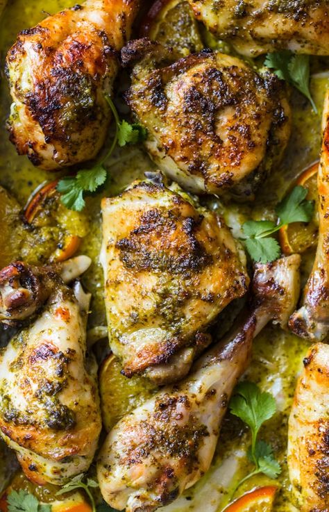 Herby One Pan Chicken with Oranges - chicken thighs and drumsticks marinated in an easy herb and citrus packed marinade and baked in one pan! | #GlutenFree + #Paleo + #Whole30 + #LowCarb #Keto #OnePan #ChickenDinner Chicken With Oranges, Chicken Thighs And Drumsticks, Herby Chicken, Pan Chicken Recipes, Green Chili Peppers, One Pan Chicken, Pan Chicken, Best Chicken Recipes, Winner Winner Chicken Dinner