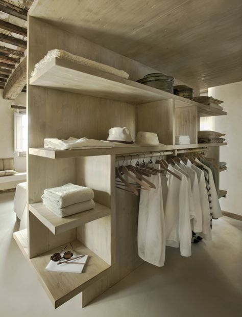 Hotel Monteverdi, Tuscany                                                                                                                                                                                 More Concrete Dressing Room, Organic Closet Design, Concrete Closet, Ideas De Closets, Clothing Room, Walking Closet, Walk In Closet Design, Minimalist Closet, Clothes Hanging