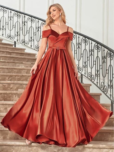 Brown Ball Gown, Floor Length Evening Dress, Long A Line Skirt, Formal Maternity Dress, Off Shoulder Evening Dress, A Line Evening Dress, Burnt Orange Dress, Evening Dress Floor Length, Pretty Princess