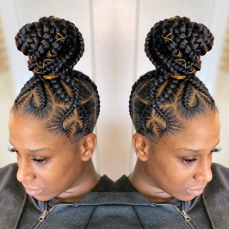 Protective High Bun with Heart Cornrows Jumbo Cornrow Updo Hairstyles, Braided Bun With Undercut, Updo Braiding Styles For Black Women, High Bun Cornrows Braided Updo, Braided Bun To The Back, Braided Feed In Bun, Braided Bun With Heart, Braided High Bun For Black Women, Braided Goddess Ponytail