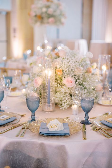 Neutral Blue + Gold Wedding Table French Blue And Blush Wedding, Periwinkle And Gold Wedding, Pastel And Gold Wedding, French Blue And Champagne Wedding, Light Blue White And Gold Wedding, Powder Blue And Gold Wedding, Champagne And Light Blue Wedding, Sky Blue And Gold Wedding, White Blue And Gold Wedding