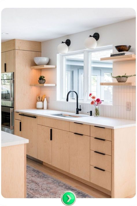 Blonde Kitchen Cabinets Ideas, Wood Lower Cabinets White Upper, White And Wood Interior Design, Cabinets With Open Shelving, Wood Kitchen Cabinet Ideas, Wood Laminate Kitchen, Ash Kitchen Cabinets, Flat Front Kitchen Cabinets, Kitchen Cabinets Light Wood