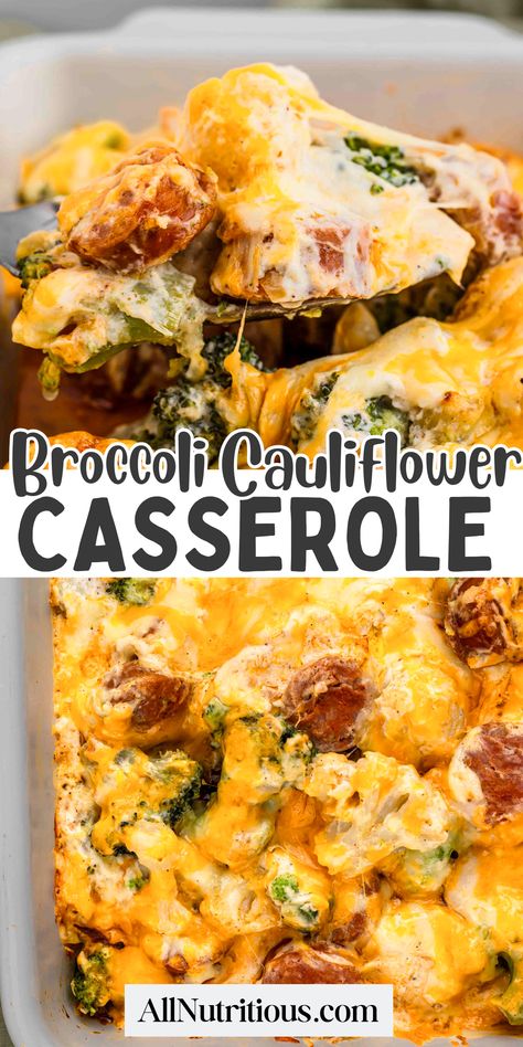 This broccoli cauliflower casserole is the perfect healthy family dinner. Packed with cheesy goodness, it's a delicious low carb casserole that’s easy to prepare and great for meal prep. Try this simple vegetarian dinner recipe for a family-friendly dish that’s both flavorful and nutritious! Ham Broccoli Cauliflower Rice Casserole, Keto Friendly Casserole Recipes, Carb Free Casserole Recipes, Loaded Cauliflower Broccoli Casserole, High Protein Dinner Sides, Keto Broccoli Cauliflower Casserole, Vegetable Bake Recipes Healthy, Califlower Recipes Dinner Healthy, Cauliflower Bake Recipes