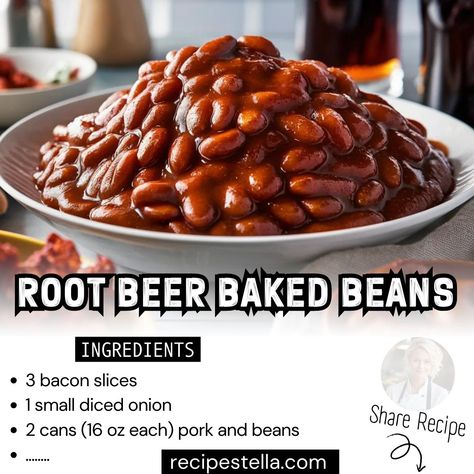 Baked Beans with Root Beer Ingredients: 3 bacon slices 1 small diced onion 2 cans (16 oz each) pork and beans ½ cup root beer (regular) ¼ cup smoky barbecue sauce ⅛ tsp hot sauce (add more if you like it spicy!) Instructions: Cook Bacon: Preheat oven to 400°F (200°C). Cook bacon until crispy. Drain on paper towels, but save 2 tbsp of bacon grease. Sauté Onion: Cook the diced onion in the bacon grease until soft. Combine Everything: In a large bowl, mix the onions, crumbled bacon, pork a... Root Beer Baked Beans, Pork And Beans, Beer Ingredients, Pork N Beans, Bacon Grease, Crumbled Bacon, Saute Onions, Baked Beans, Paper Towels