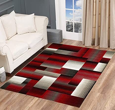 Champion Rugs Squares Modern Geometric Red Grey Black Area Rug Easy to Clean Stain & Fade Resistant Soft Plush (7’ 8” X 10’ 8”) Black Red And Gray Living Room, Res Living Room Rug, Grey Red Rug, Red Area Rug Modern, Red Area Rugs Flokaki In Living Room Modern, Living Room Red, Red Colour Palette, Outdoor Carpet, Plush Rug