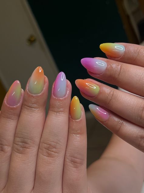 Airbrush nail inspo colorful summer nails almond short Colorful Airbrush Nails, Airbrush Short Nails, Nail Inspo Colorful, Nails Almond Short, Sorbet Nails, Colorful Summer Nails, Summer Holiday Nails, Airbrush Nail, Material Gworl