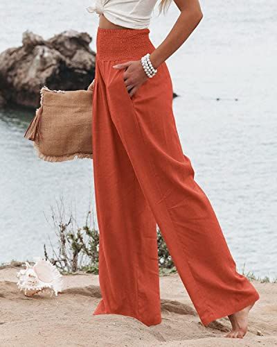 Vansha Women Summer High Waisted Cotton Linen Palazzo Pants Wide Leg Long Lounge Pant Trousers with Pocket Orange S Halloween Outfit Ideas For Women, Black Cat Outfit, Linen Pants For Women, Halloween Outfit Ideas, Long Lounge, Black Cat Costumes, Wrap Sweater Dress, Slouchy Sweatshirt, Black Attire