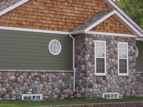 River Rock Veneer Panels | River Rock - Mountain Stream | Flickr - Photo Sharing! Faux Rock Siding, Exterior Rock Siding, Rock Siding, Rock Veneer, Prefab Barns, River Rock Fireplaces, Faux Stone Walls, Cedar Shake, Shake Siding