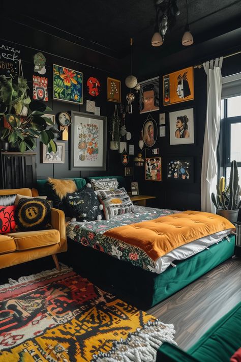 Studio Apartments & Maximalism: How to Fit a Big Interior Style Into Your Small Studio — Moda Misfit | Small Apartment Styling + Cozy Living Moody Maximalist Decor Apartment, Grey Maximalist Bedroom, Bedroom Wall Decor Maximalist, Retro Aesthetic Bedroom Ideas, Electric Aesthetic Room, Cozy Maximalist Apartment, Moody Maximalist Apartment, Dark Room Color Schemes, Maximalist Cozy Bedroom