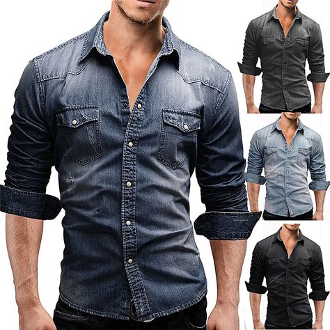 Blue Jean Shirt Outfits, Jean Shirt Outfits, Cowboy Shirts For Men, Jean Shirt Men, Fitted Denim Shirt, Shirt Outfits, Spandex Shirts, Jean Shirt, Long Sleeve Denim Shirt