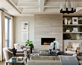 stone slab fireplace cladding and built-ins to one side; coffered ceiling - contemporary living room by Terrat Elms Interior Design Transitional Style Living Room, Boston Living Room, Design Camino, Minimalist Fireplace, Contemporary Fireplace Designs, Transitional Living Room Design, Transitional Decor Living Room, Beige Living Rooms, Contemporary Fireplace