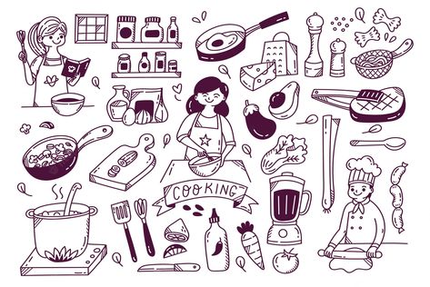 Cooking Tattoo, Vector Kitchen, Cooking Icon, Hand Drawn Doodles, Cartoon Chef, Kitchen Icon, Diy Crafts Bookmarks, Food Cartoon, Doodle Pages