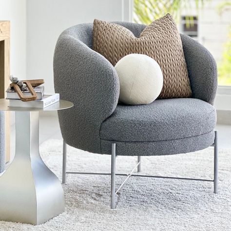 Terry Gray fabric round chair with silver frame. Overall product dimensions: 30.25"w x 32.5"d x 32"h.Interior seat depth: 21"Seat height: 19.5"Back height: 16.25" Grey Home Decor, Round Chair, Gray Fabric, Grey Chair, Silver Frame, Grey Fabric, Dining Chairs, Frame, Grey