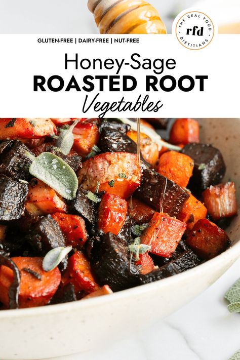 Humble root vegetables such as carrots, beets, and parsnips get a nutritious glow-up thanks to the addition to a buttery, sweet, and herbaceous glaze in these Honey-Sage Roasted Root Vegetables. Equally stunning as they are delicious, they’re nutrient-dense addition to your holiday menu. Vegetable Glaze Recipes, Roasted Carrots And Beets, Root Vegetable Recipes, Honey Parsnips, Heathy Eats, Carrots And Beets, Carrots Beets, Roasted Beets And Carrots, Roasted Carrots And Parsnips