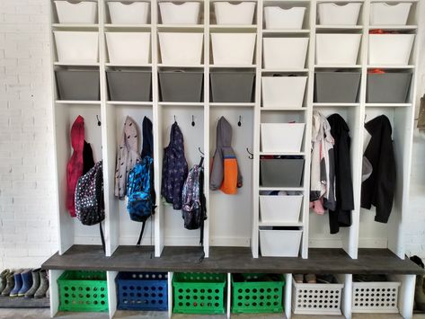 Ikea Hack: DIY Garage Lockers Locker Hacks, Kids Mudroom, Ikea Lockers, Garage Lockers, Garage Shoe Storage, Garage Bench, Entry Way Lockers, Work Coats, Garage Hacks