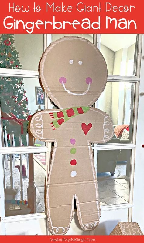 How to Make Giant Cardboard Gingerbread Decorations - Laura Kelly's Inklings #cardboarddecor #gingerbreadman #kidcraft #diy #reycledcraft #kwiksticks #paintsticks Cardboard Gingerbread Man, Giant Gingerbread Man, Christmas Printable Templates, Cardboard Gingerbread, Cardboard Gingerbread House, Recycled Diy, Holiday Gift Bags, Painted Christmas Gifts, Girl Scout Activities