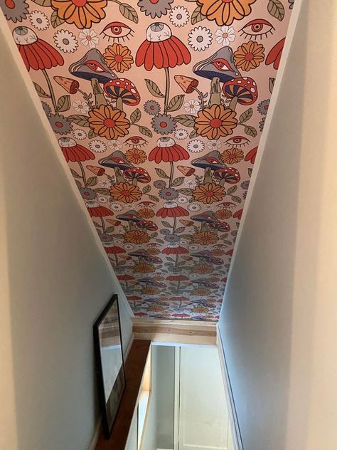 Maximalist Design and Decor | Wallpapered the ceiling of our hallway | Facebook Maximalist Hallway, Wallpaper On Ceiling, Maximalist Design, Decorative Mouldings, Daughters Room, Apartment Decor Inspiration, The Ceiling, Book Decor, Wall Paint