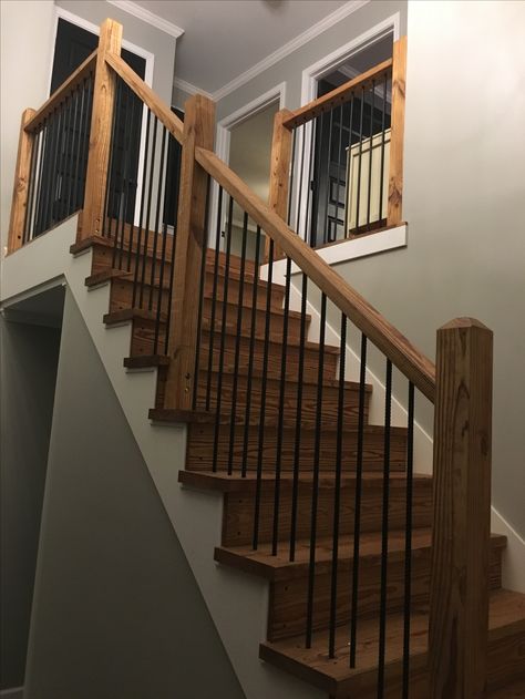 Stairs.... rebar and Tung Oil Indoor Wooden Stairs Ideas, Railing Spindles, Cabin Stairs, Garage Stairs, Rustic Staircase, Indoor Railing, Rustic Stairs, Stair Rail, Stairs Ideas