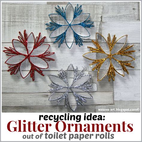 Recycling Idea: Glitter Ornaments out of toilet paper rolls Diy Paper Christmas Ornaments, Christmas Ornaments Glitter, Paper Towel Crafts, Toilet Paper Roll Art, Toilet Roll Craft, Rolled Paper Art, Toilet Paper Crafts, Paper Christmas Ornaments, Trendy Diy