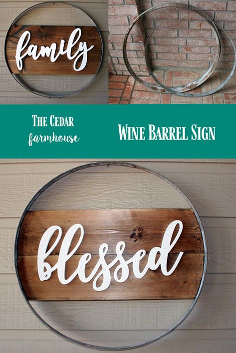 Learn how to make these cute Wine Barrel Signs! Whisky Barrel Ring Ideas, Barrel Hoop Projects, Barrel Hoops Ideas, Barrel Hoop Ideas, Wine Barrel Straps Ideas, Wine Barrel Rings Ideas, Barrel Rings Ideas, Bourbon Barrel Projects, Whiskey Barrel Rings Ideas