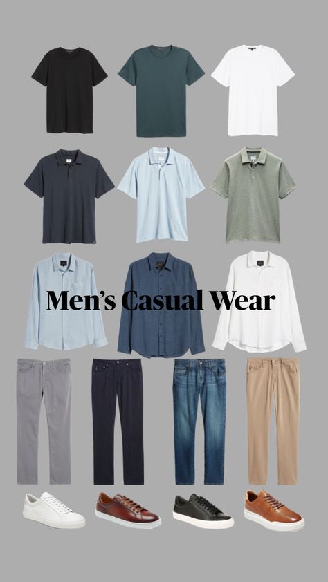 Every piece goes with each other in some way. Closet Essentials Men, Men’s Wardrobe Essentials, Shirt Pant Combination Men Color Combos, Capsule Wardrobe Men Minimalist, Mens Basic Wardrobe Essentials, Men Capsule Wardrobe, Minimalist Wardrobe Men, Business Casual Men Summer, Mens Outfits Dressy