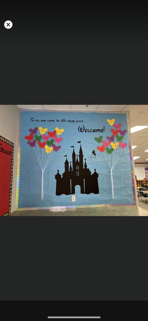 Cinderella Theme Classroom, Disneyland Bulletin Board, Disney Classroom Theme Day, Disney Inspired Classroom Doors, Disney Themed Library, Magic Kingdom Themed Classroom, Disney Themed Backdrop, Disney Castle Bulletin Board, Disney Day Decorations