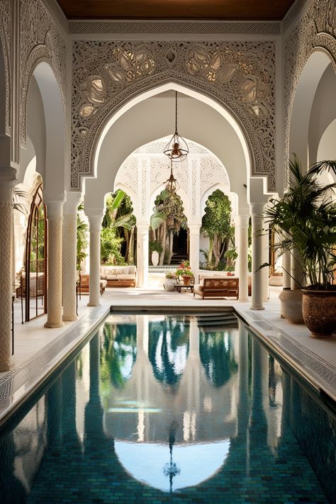 Moroccan Indoor Pool, Arabian Home Design, Morrocan Interieur Design, Moroccan Pool Area, Moroccan Inspired Home, Moroccan Pool Design, Moroccan Home Exterior, Vintage Glam Dining Room, Moroccan House Design