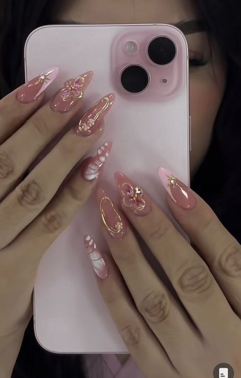 Aesthetic Gel X Nails, Kali Uchis Aesthetic Nails, Baddie Nails Almond Shape, Fairy Almond Nails, Baby Pink Cat Eye Nails, Cute Nail Ideas Almond Shape, Almond Gel X Nail Designs, Quinceanera Nails Pink, Pink Nail Inspo Almond