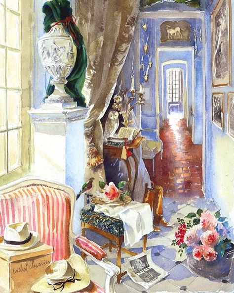 Michel Charrier on Instagram: “Our old house, the blue corridor, a multitude of objects that nobody understands today exept souls who still love to come here. Welcome to…” Art Interior Paintings, My French Country Home, Interior Paintings, Jig Saw, Interior Sketch, Interior Illustration, Interior Art, Watercolor Print, Art Room