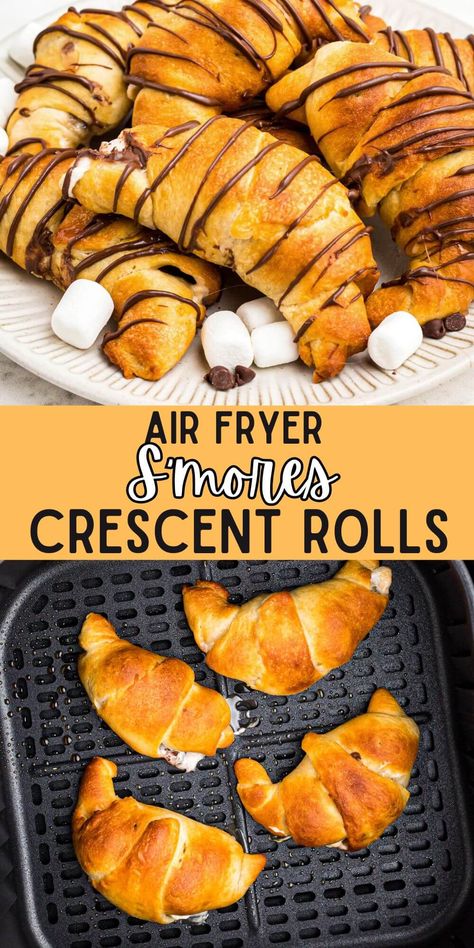 Air fryer s'mores crescent rolls are filled with gooey marshmallow and melty chocolate, and you only need three ingredient to make! Cinnamon Sugar Crescent Rolls, Using Crescent Rolls, Crescent Roll Dessert, Air Fryer Recipes Dessert, Lunch Inspiration, Quick Dessert, Simple Dessert, Crescent Roll Recipes, Crescent Dough