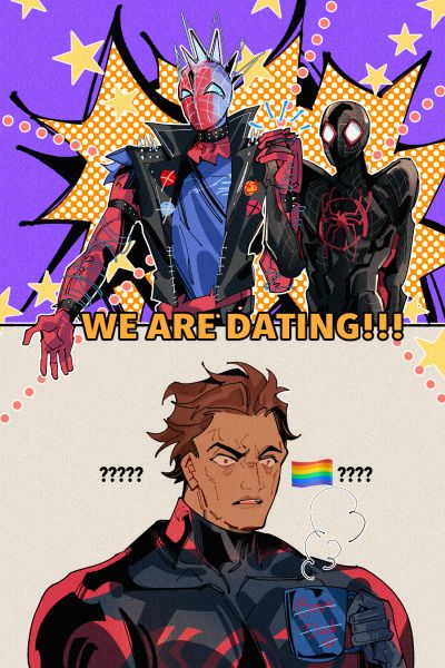 Miguel O’hara X Peter B Parker Fanart, Funny Personality Pictures, Hobie X Miguel, Miguel O'hara And Miles Morales, Punkflower Spiderverse, Miguel O'hara X Miles Morales, Miles X Miguel, Miguel X Miles, Miles And Hobie