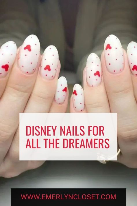 Disney nails + summer disney nails + disney nail designs French Tip Disney Nail Designs, Minimalist Mickey Nails, Red Mickey Nails, Disney Holiday Nails Christmas, Red Disney Nails, Summer Disney Nails, Trip Nails, Simple Disney Nails, Disney World Nails