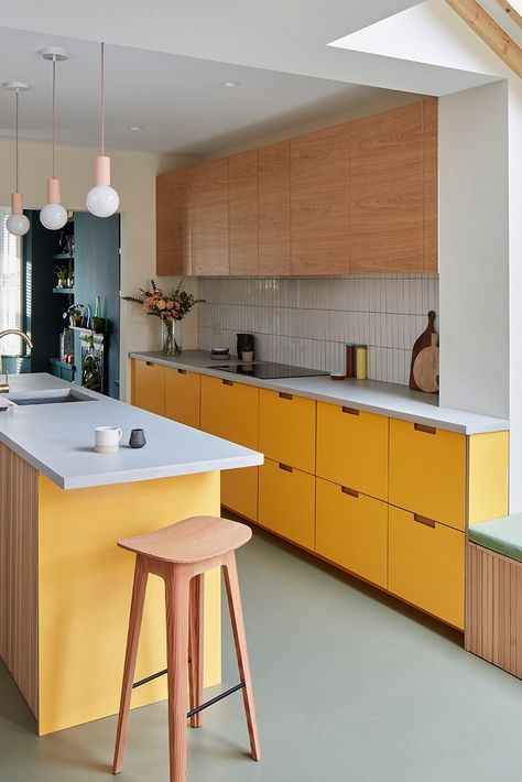 Kitchen Ideas Plywood, Colorful Ikea Kitchen, Yellow Plywood Kitchen, Ply Kitchen Cabinets, Kitchen Plywood Design, Painted Plywood Cabinets, Ikea Bamboo Kitchen, Small Colourful Kitchen, Frojered Kitchen